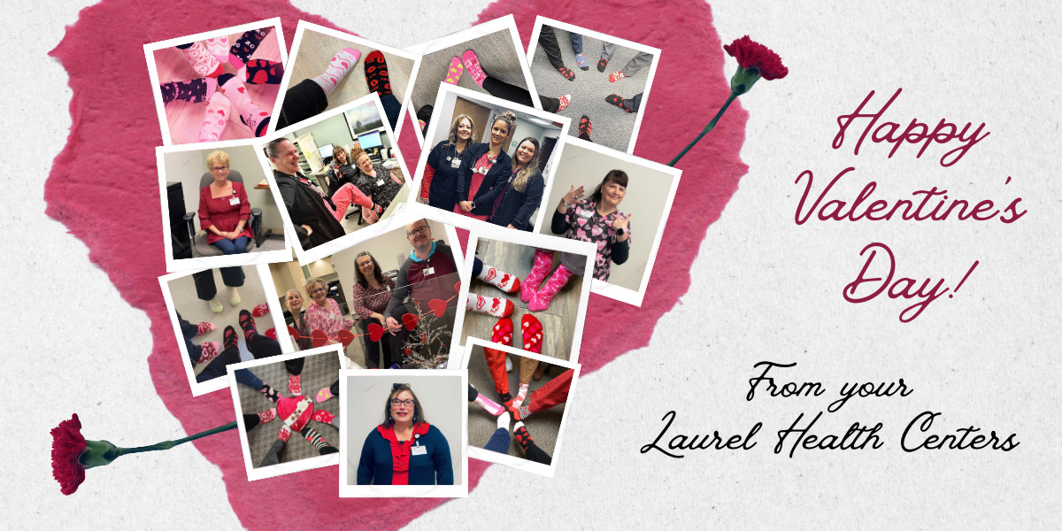 Heart-shaped collage featuring photos of Laurel Health employees wearing red and festive heart socks