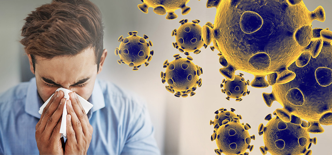 Man with coronavirus blowing nose, COVID-19 