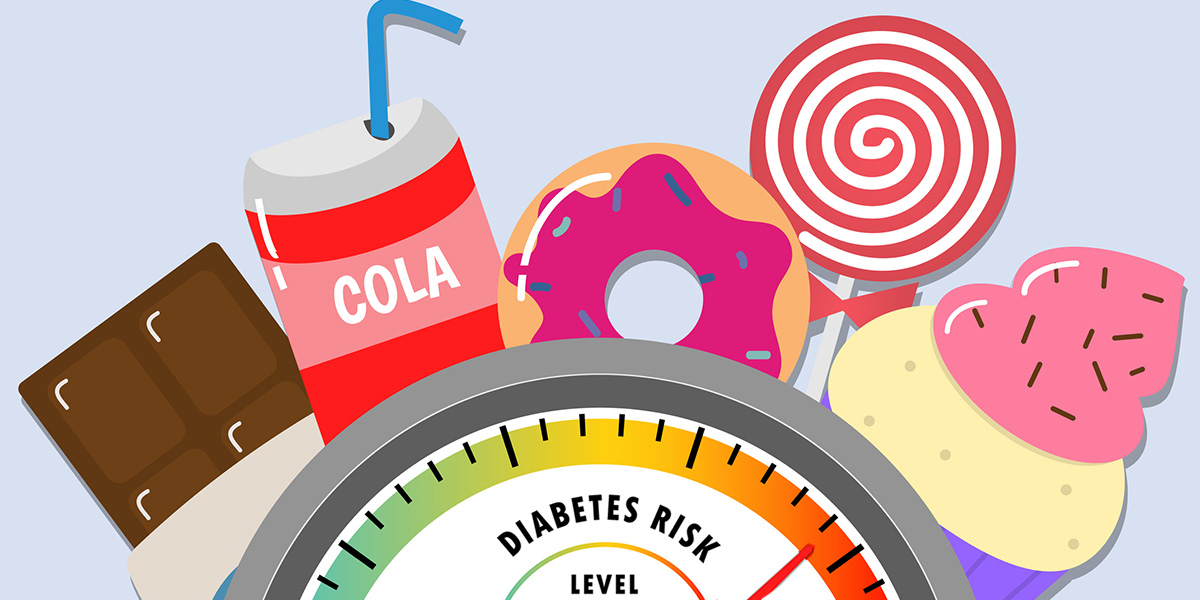 Diabetes risk scale demonstrating how sugary junk food can contribute to high glucose levels in the blood