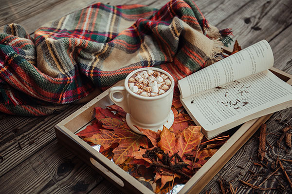 Relaxing hot cocoa with marshmallows, a favorite book, and warm shawl