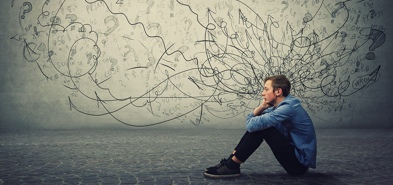 Anxious, stressed man who can't stop distorted thinking and negative spiraling