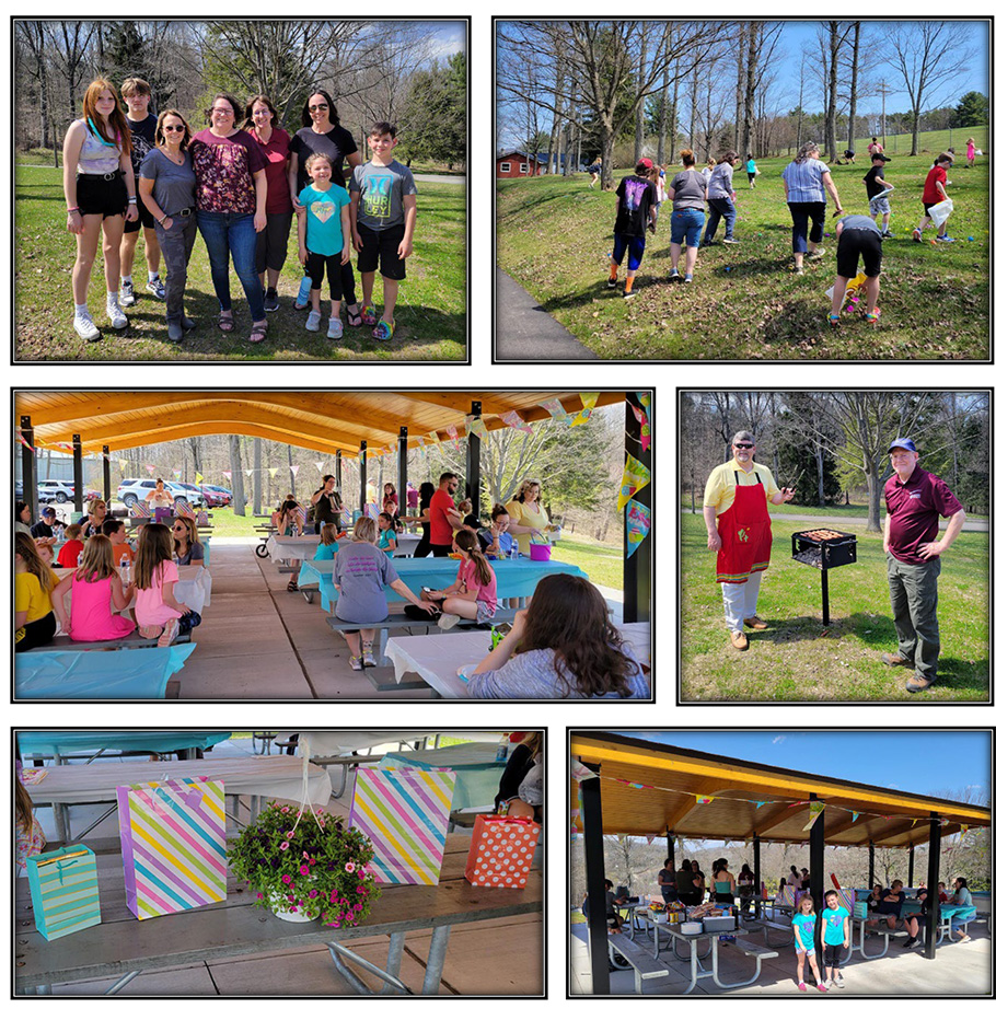 Laurel Health employees and their families enjoying the company Easter event with a colorful outdoor egg hunt, prizes, and snacks