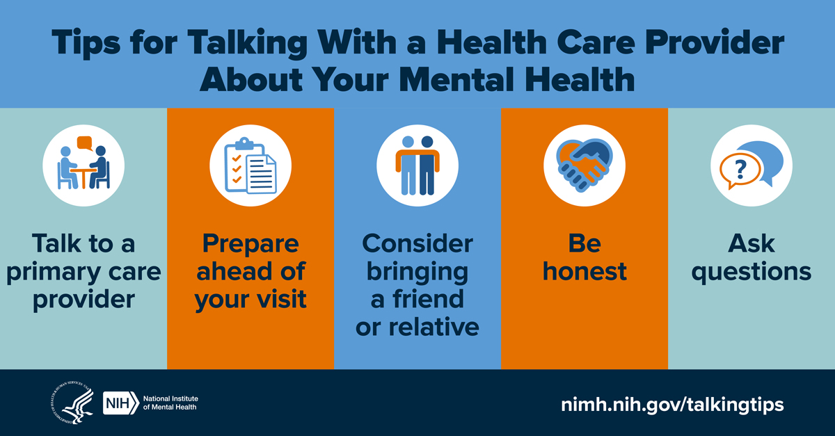 Infographic with Tips for Talking About Mental Health With Your Healthcare Provider provided by the NIH - Prepare Ahead of the Appointment, Bring Someone You Trust for Support, Be Honest, and Ask Questions