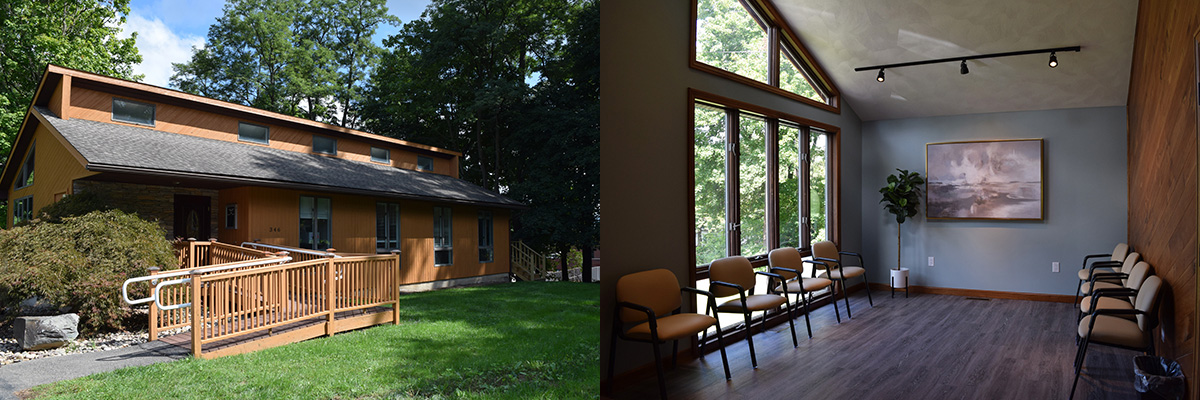 The Exterior of Laurel Dental - Towanda Dental Clinic and Interior Image of Remodeled Lobby with Artwork, Waiting Room Chairs, Large Windows, and Comfortable Sunny Seating