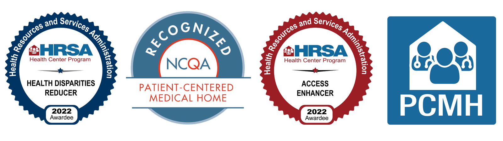 Laurel Health was nationally recognized for improving access and quality care by HRSA and the National Committee for Quality Assurance; pictured are award badges for the Access Enhancer, Patient-Centered Medical Home (PCMH), and Healthcare Disparities Reducer