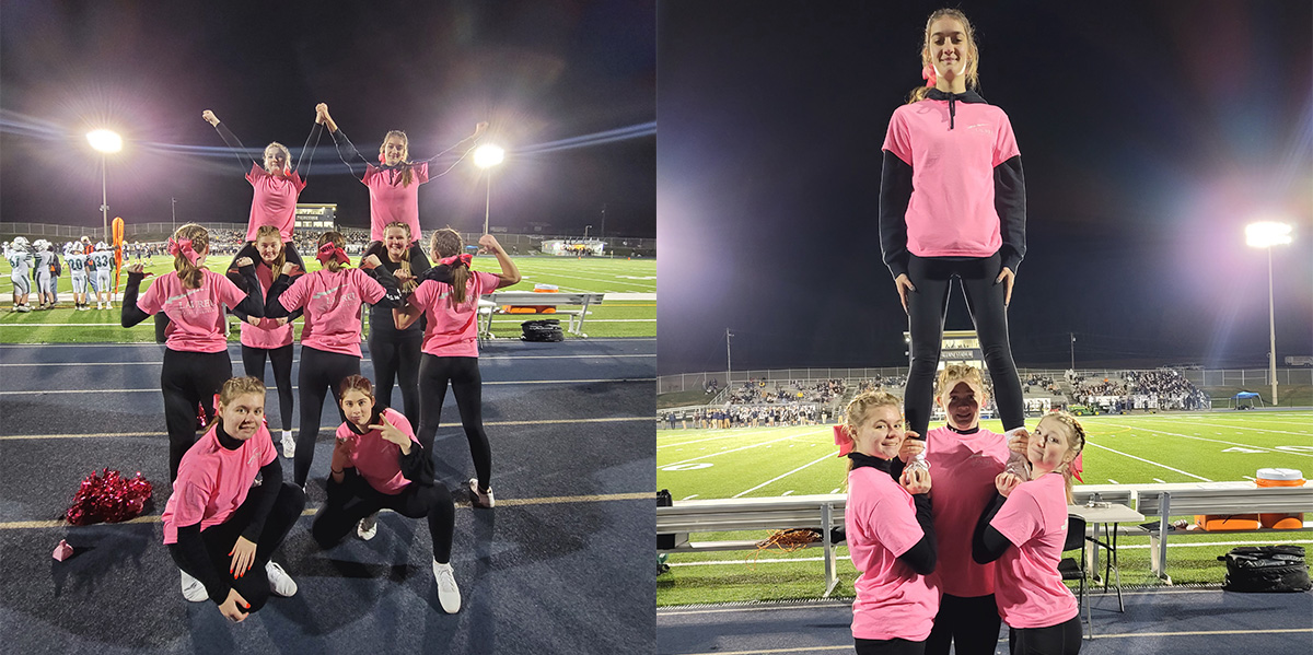 Members of Wellsboro Area High School's Varsity Cheer Squad wearing Laurel Health-sponsored pink shirts to raise awareness for breast cancer during Wellsboro High School's Pink Out games