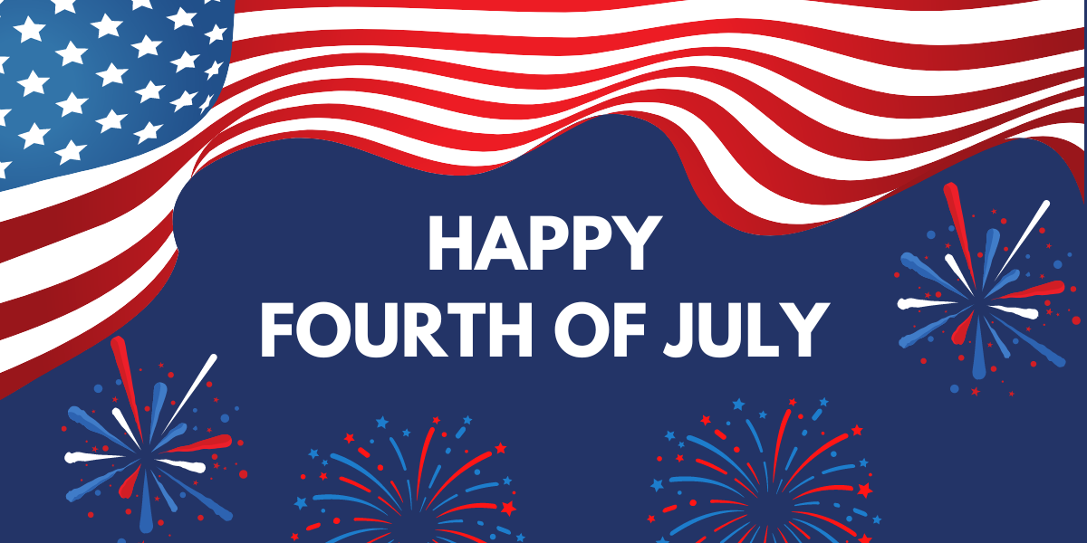Laurel Health July Fourth Banner, featuring the American flag and Fireworks