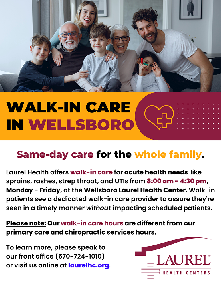 Multi-generational family comprised of parents, grandparents, and children smiling and sharing information about Wellsboro Laurel Health Center's new walk-in care service, offered Monday through Friday from 8 am to 4:30 pm