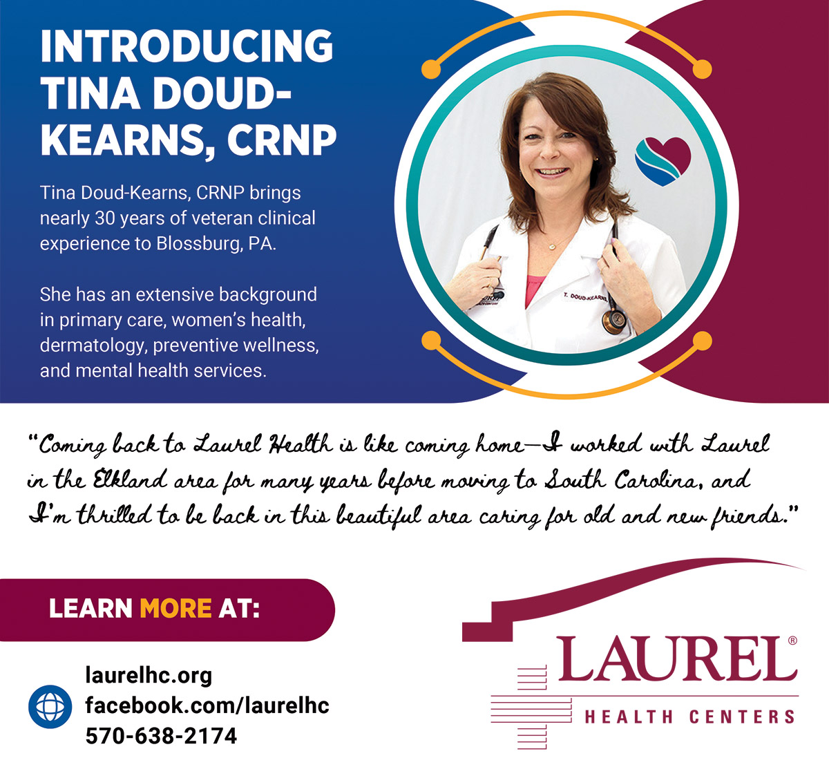Infographic featuring Tina Doud-Kearns, CRNP, a certified registered nurse practitioner with Blossburg Laurel Health Center; Tina specializes in dermatology and women's health