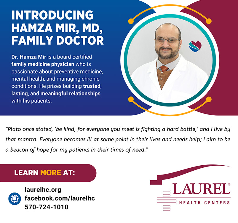 Infographic introducing board-certified family medicine physician Dr. Hamza Mir to the Wellsboro Laurel Health Center, located at 7 Water St. in Wellsboro, PA