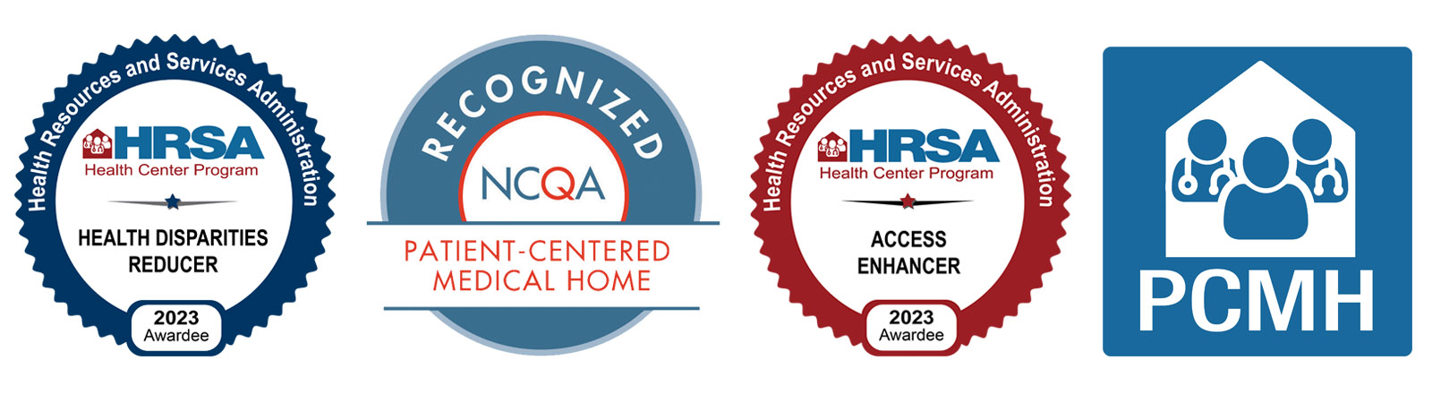 Laurel Health's Official National Healthcare Quality Award Badges, including Access Enhancer, Patient-Centered Medical Home (PCMH), and Healthcare Disparities Reducer recognitions by HRSA and the National Committee for Quality Assurance