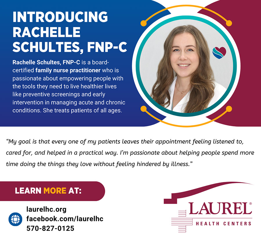 Infographic introducing board-certified family medicine nurse practitioner Rachelle Schultes, FNP-C, to the Lawrenceville Laurel Health Center, located at 32 East Lawrence Rd. in Lawrenceville, PA