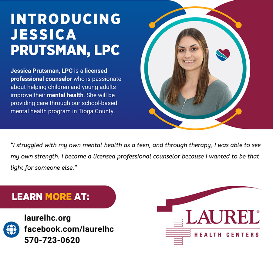 Infographic introducing licensed professional counselor Jessica Prutsman, LPC, to Laurel Behavioral Health's school-based care program