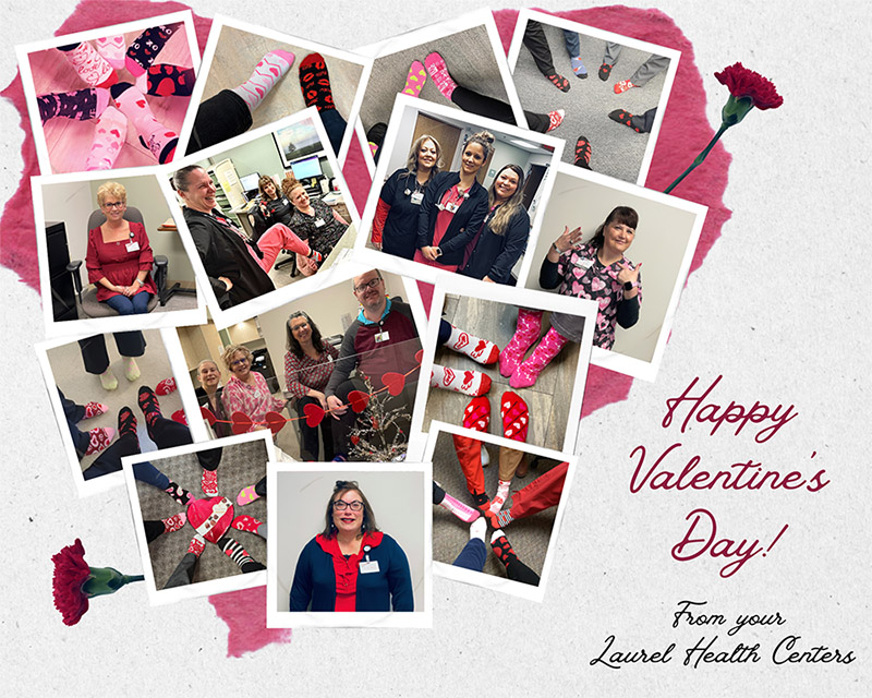 Heart-shaped collage featuring photos of Laurel Health employees wearing red and festive heart socks