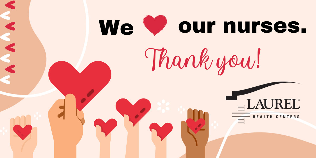 Graphic that says We Love Our Nurses Thank You with animated hands extending red hearts