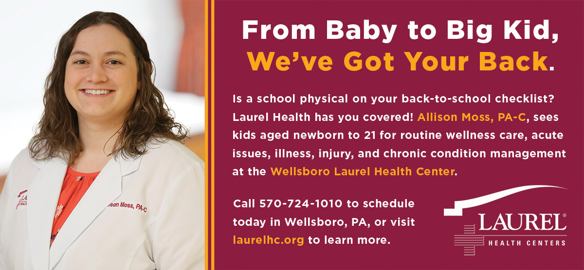 Photo of board-certified physician assistant Allison Moss, PA-C, standing in an exam room; Allison provides acute care to patients aged newborn to 21 at the Wellsboro Laurel Health Center in Wellsboro, PA.