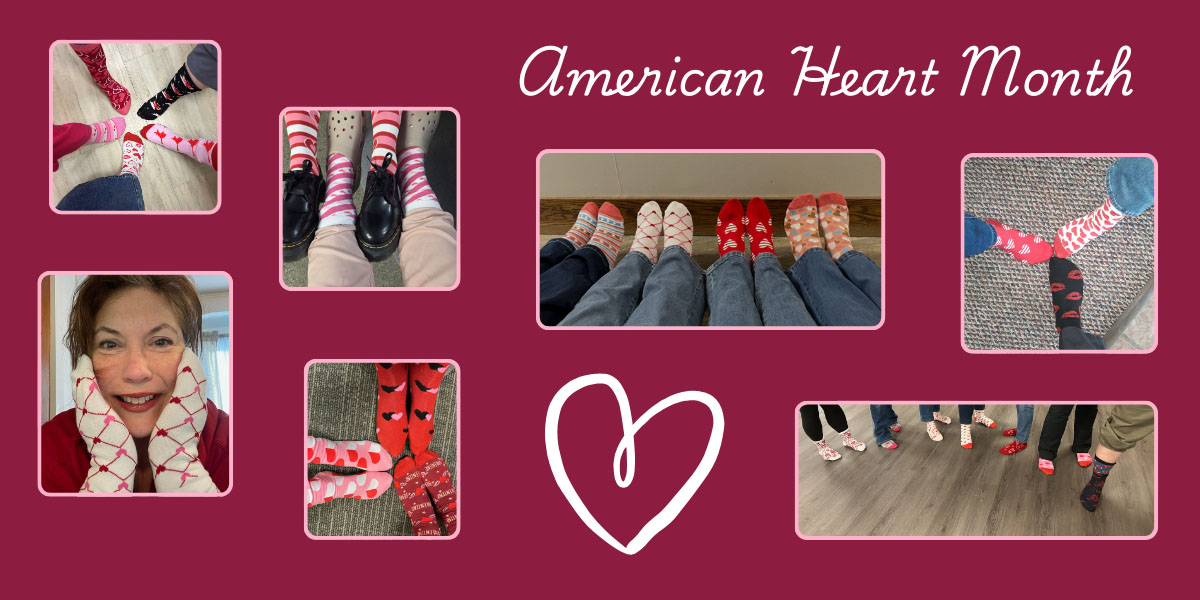 Collage of photos on a burgundy background featuring Laurel Health employees wearing red clothing and festive heart socks to raise awareness during American Heart Month.