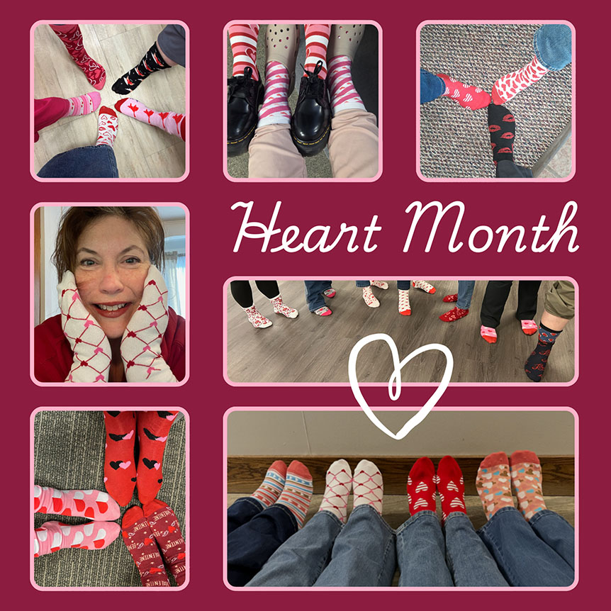 Collage of photos showing Laurel Health employees wearing red and festive heart socks to raise awareness during American Heart Month; the photos are framed in pink borders with a white hand-drawn heart graphic with text that says Heart Month.