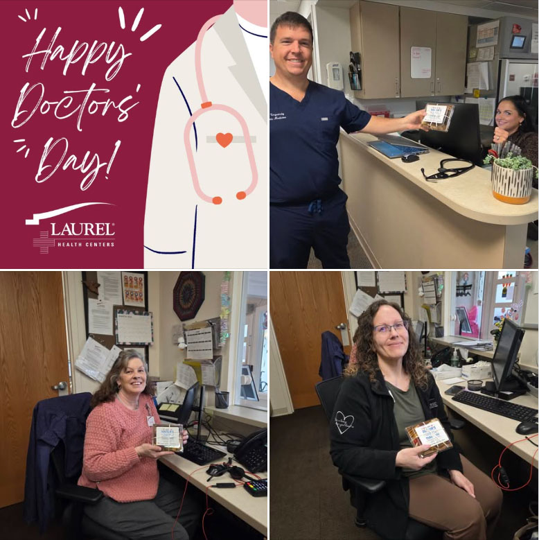 Laurel Health Doctors' Day Celebration Collage featuring Laurel Health providers smiling and receiving their celebratory lunch goodies. Doctors' Day is celebrated on March 30th in the U.S. and recognizes the hard work of physicians. Pictured are a graphic that says