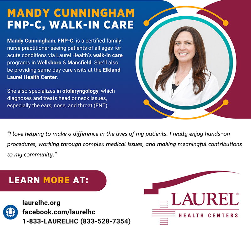 Infographic introducing family medicine provider Mandy Cunningham, FNP-C, featuring her photo and a quote about her approach to care that says: “I love helping to make a difference in the lives of my patients. I really enjoy hands-on procedures, working through complex medical issues, and making meaningful contributions to my community.”  Mandy sees patients of all ages in Elkland, Mansfield, and Wellsboro, PA; to make an appointment, call 1-833-528-7354.
